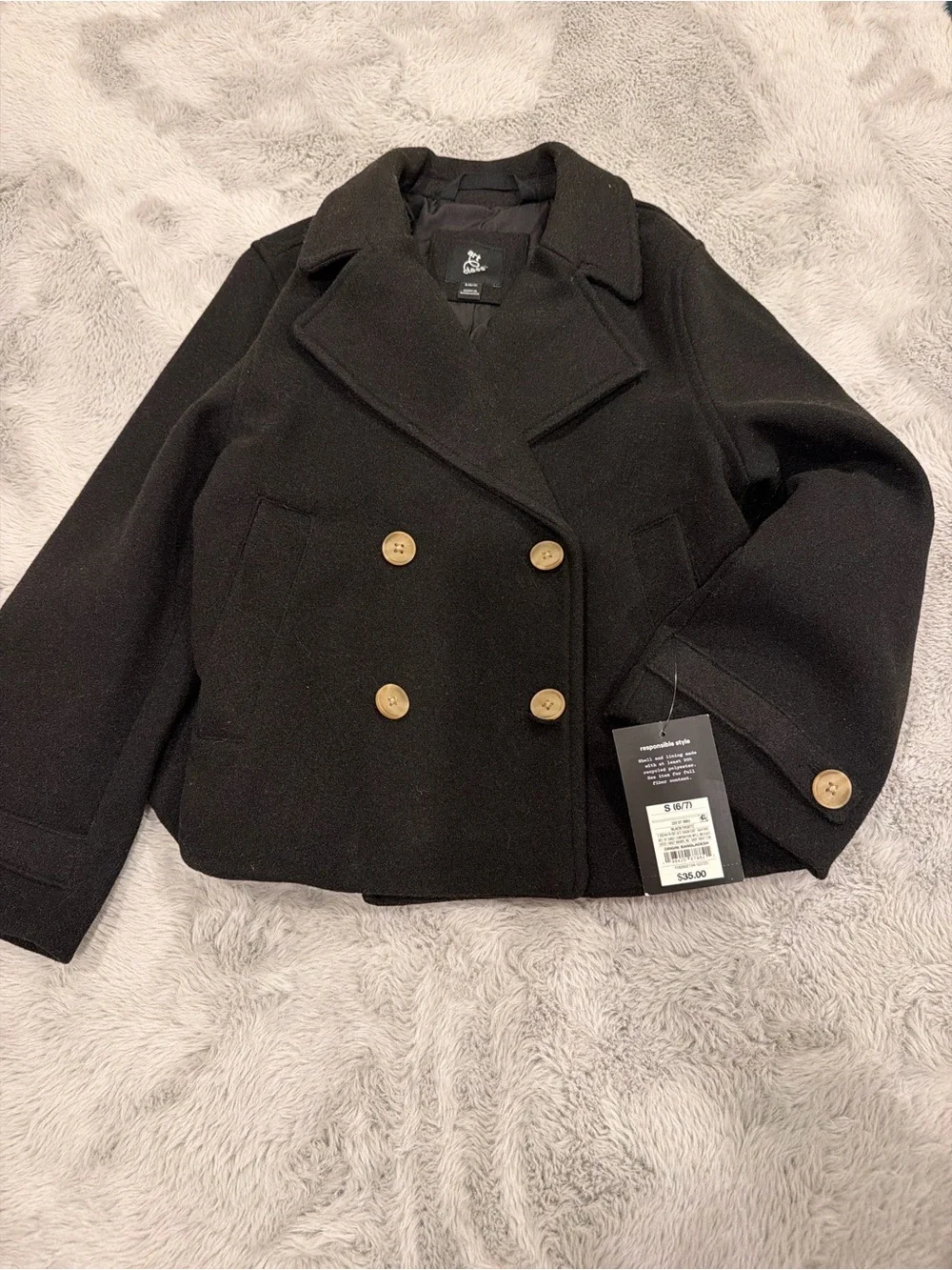 Kids 6/7 small Wool Blend Double-Breasted Peacoat Jacket - Black
